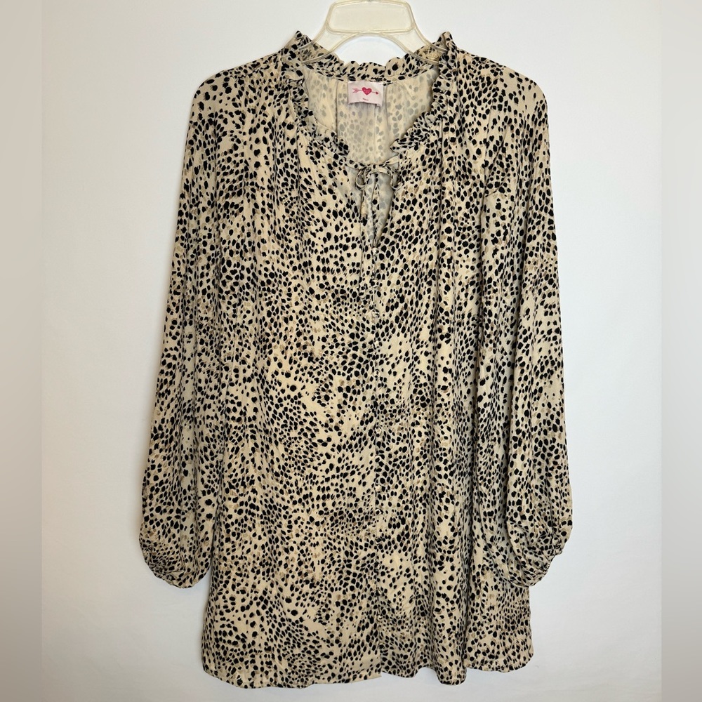 Buddy Love Leah Button Up Short Mini Dress Size Small Tan Leopard Long Sleeve